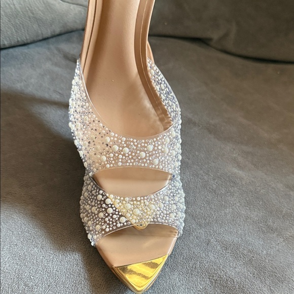INC International Concepts Gold and Cream Embellished Heels - Picture 3 of 16